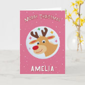 Carte Cute Pink Reindeer Kid`s Name Merry Christmas (Fleur jaune)