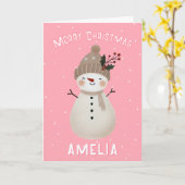 Carte Cute Pink Snowman Kid`s Name Merry Christmas (Fleur jaune)