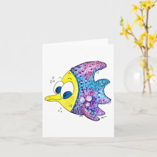 Carte Cute poisson blanc coloré (Fleur jaune)