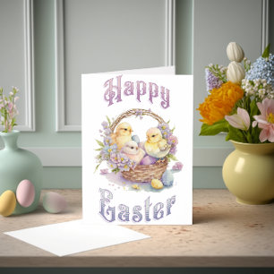 Carte Cute poussins et oeufs dans un panier Aquarelle