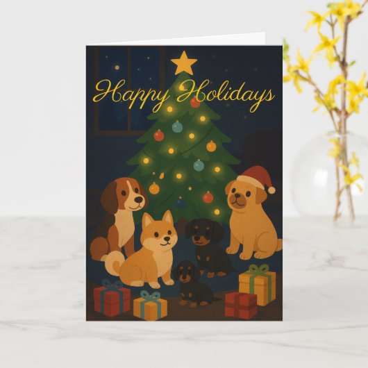 Carte Cute Pups around the Tree Custom Christmas Card (Fleur jaune)
