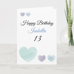 Carte Cute Purple & Turquoise Aquarelle Coeurs 13ème Ann