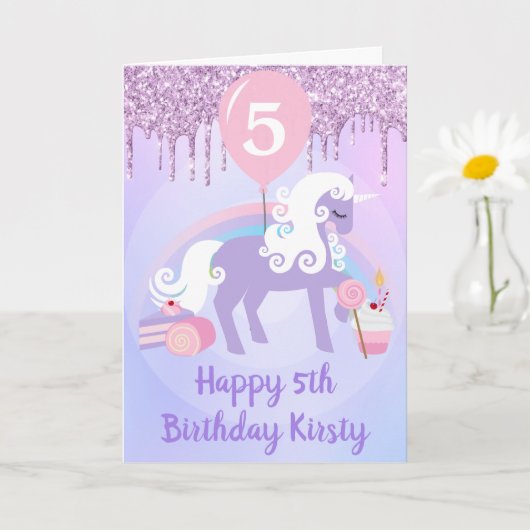 Carte Cute Purple & White Unicorn Traitements Anniversai (Petite plante)