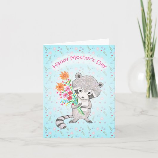 Carte Cute Raccoon Holding Fleurs Adorable Fête des mère (Devant)