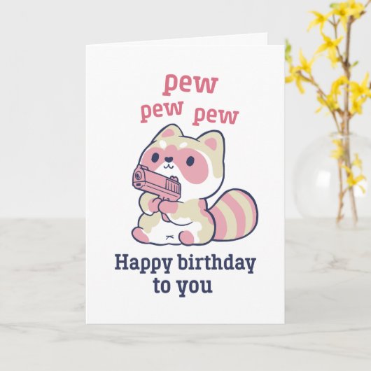 Carte Cute Raccoon Pew Pew Pew Pew Funny Joyeux Annivers (Fleur jaune)
