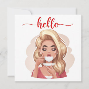 Carte Cute Retro Girl Blonde Flat Hello Card