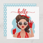 Carte Cute Retro Girl Blue Flat Hello Card (Devant / Derrière)