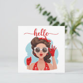 Carte Cute Retro Girl Blue Flat Hello Card (Debout devant)