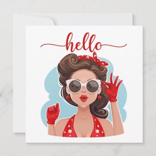 Carte Cute Retro Girl Blue Flat Hello Card (Devant)