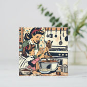 Carte Cute Retro Maman et Fille Cuisiner ensemble (Debout devant)