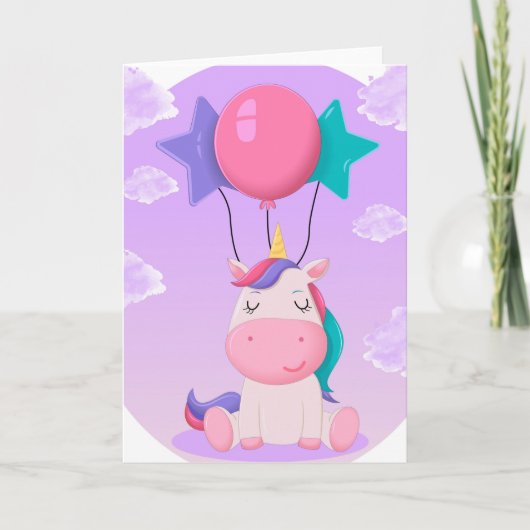 Carte Cute Sitting Unicorn and Balloons Lilac (Devant)