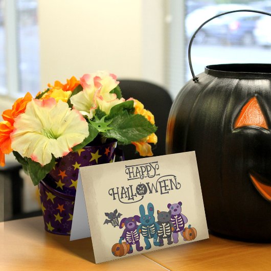 Carte Cute Skeleton Animaux et Halloween Citrouille