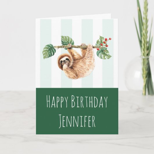 Carte Cute Sloth Hanging Upside Down Watercolor Birthday (Devant)