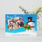 Carte Cute Snowman avec un cadeau et votre photo (Debout devant)