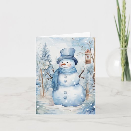 Carte Cute Snowman Bleu Casquette Écharpe Arbres Birdhou (Devant)