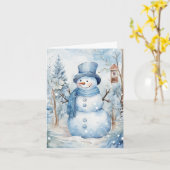 Carte Cute Snowman Bleu Casquette Écharpe Arbres Birdhou (Fleur jaune)