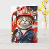 Carte Cute Tabby Chat en Aquarelle Uniforme Firefighter (Fleur jaune)