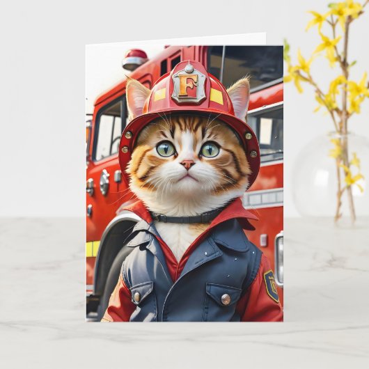 Carte Cute Tabby Chat en Aquarelle Uniforme Firefighter (Fleur jaune)