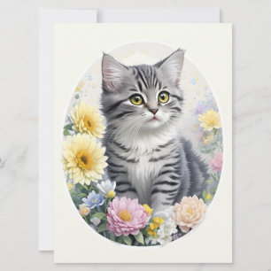 Carte Cute Tabby Kitten et Fleurs de Jardin