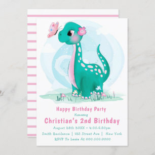 Carte Cute Turquoise Pink Dinosaur 2e anniversaire Invit