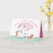 Carte Cute Unicorn Joyeux Premier Anniversaire (Fleur jaune)