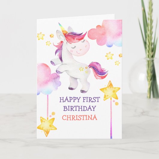 Carte Cute Unicorn Rainbow Premier Joyeux Anniversaire (Devant)