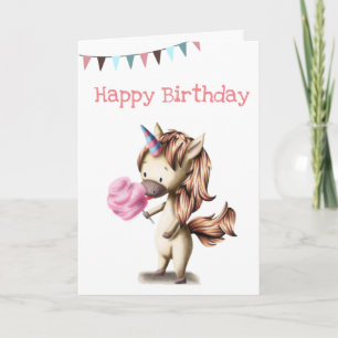 Carte Cute unicorne manger rose coton bonbon anniversair