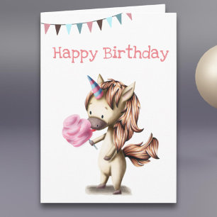 Carte Cute unicorne manger rose coton bonbon anniversair