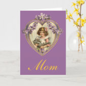 Carte Cute Vintage fille & Kitten Coeur Floral (Fleur jaune)