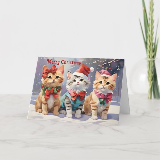 Carte Cute Watercolor Chats Fête Noël (Devant)
