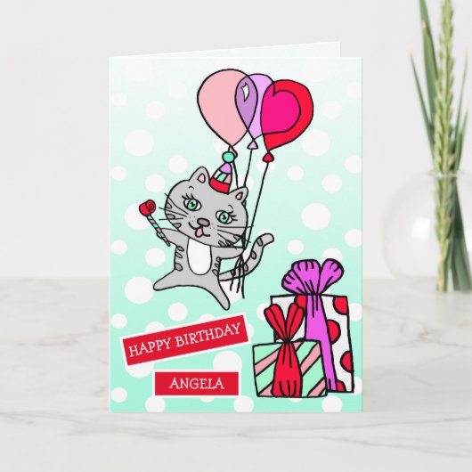 Carte Cute Whimsical Chat et Ballons Anniversaire (Devant)