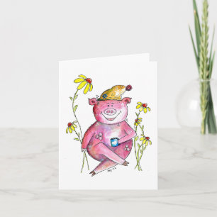 Carte Cute Whimsical Cochon Boire Café
