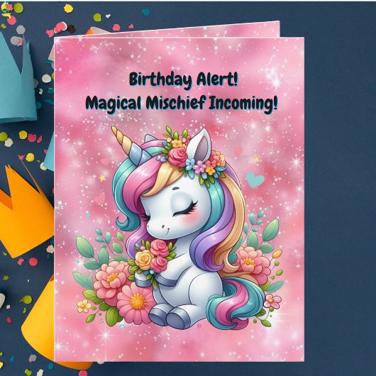 Carte Cute Whimsical Floral Unicorn Anniversaire de enfa