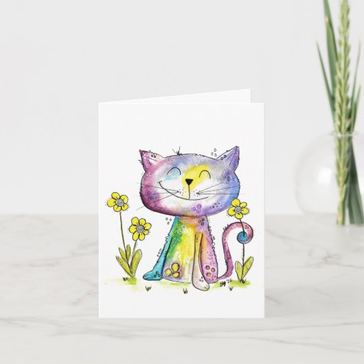 Carte Cute Whimsical Happy Chat avec Fleurs Jaunes (Devant)