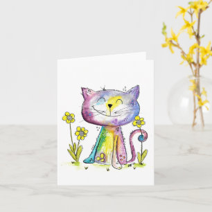 Carte Cute Whimsical Happy Chat avec Fleurs Jaunes