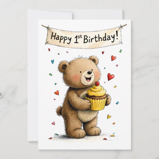 Carte Cute Whimsical Teddy Bear Happy 1st Birthday Flat (Devant)