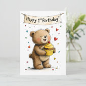 Carte Cute Whimsical Teddy Bear Happy 1st Birthday Flat (Debout devant)