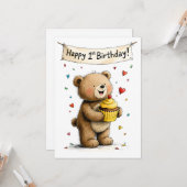 Carte Cute Whimsical Teddy Bear Happy 1st Birthday Flat (Devant/Arrière en situation)