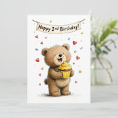 Carte Cute Whimsical Teddy Bear Happy 2nd Birthday Flat (Debout devant)