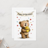 Carte Cute Whimsical Teddy Bear Happy 2nd Birthday Flat (Devant/Arrière en situation)