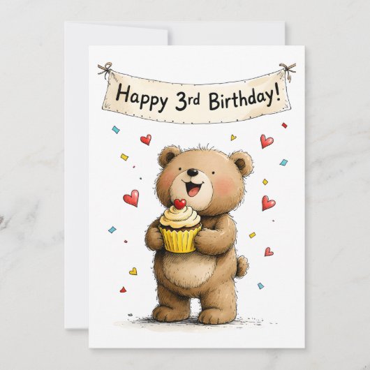 Carte Cute Whimsical Teddy Bear Happy 3rd Birthday Flat (Devant)