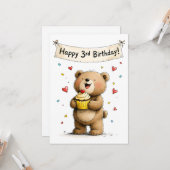 Carte Cute Whimsical Teddy Bear Happy 3rd Birthday Flat (Devant/Arrière en situation)