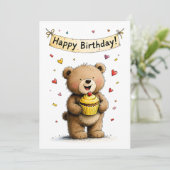 Carte Cute Whimsical Teddy Bear Happy Birthday Flat (Debout devant)