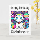 Carte Cute White Cosmic Space Kitty Chat Anniversaire (Fleur jaune)
