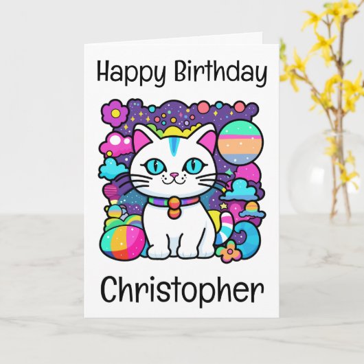 Carte Cute White Cosmic Space Kitty Chat Anniversaire (Fleur jaune)