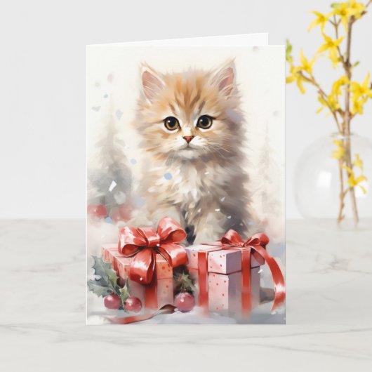 Carte Cute White et Orange Kitten Noël Salutation (Fleur jaune)