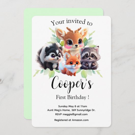 Carte Cute Woodland amis renard skunk raccoon cerf (Devant / Derrière)