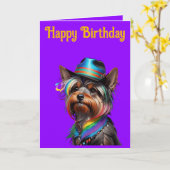 Carte Cute Yorkshire Terrier portant un Casquette (Fleur jaune)