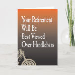 Carte Cycle du cycle biker<br><div class="desc">Motorcycle retirementcard with the words "Your Retirement Will Be Best Viewed Over Handlebars" for a retiring biker. Orange and black fade background with vintage motorcycle silhouette graphic. Message inside says: "Enjoy the Ride" but can be customized if you like.</div>