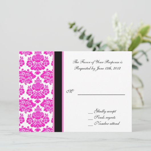 Carte d'acceptation mariage, damas rose (Debout devant)